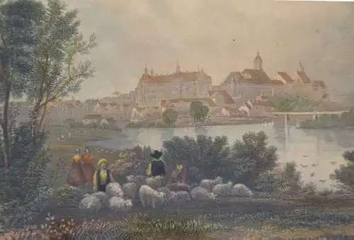 Neuburg in Bayern,  Gesamtansicht, über die Donau  kol. Stahlstich, gerahmt