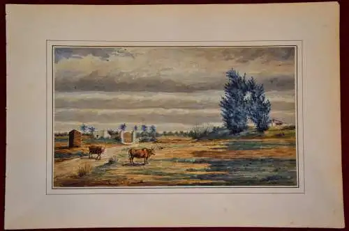 Aquarell,Landschaft mit Stieren auf der Weide signiert und datiert