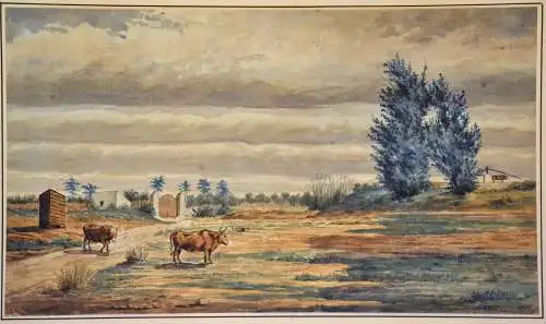 Aquarell,Landschaft mit Stieren auf der Weide signiert und datiert