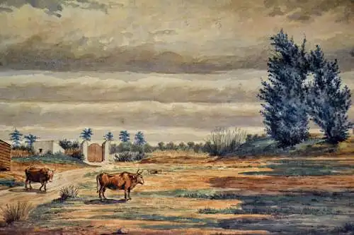 Aquarell,Landschaft mit Stieren auf der Weide signiert und datiert