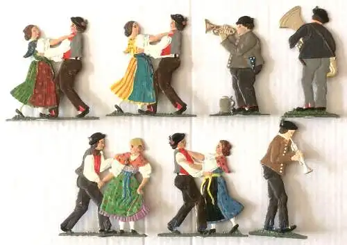 Sieben bemalte Zinnfiguren: Drei Musikanten und vier tanzende Paare
