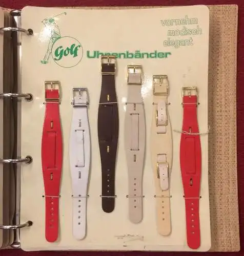 Mustermappe der Firma Golf UHRENARMBÄNDER mit 66 Armbändern, 1950er Jahre