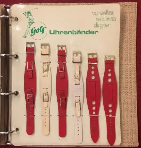Mustermappe der Firma Golf UHRENARMBÄNDER mit 66 Armbändern, 1950er Jahre