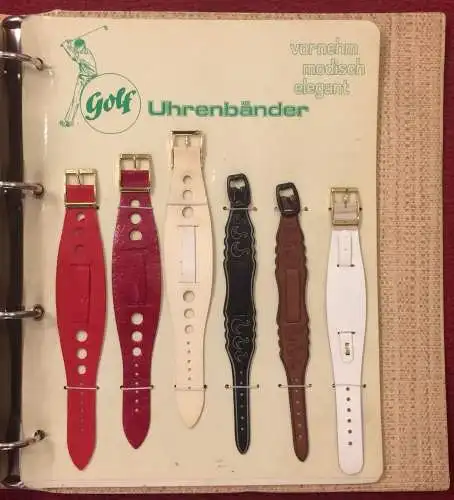 Mustermappe der Firma Golf UHRENARMBÄNDER mit 66 Armbändern, 1950er Jahre