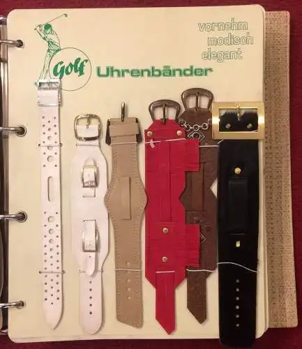 Mustermappe der Firma Golf UHRENARMBÄNDER mit 66 Armbändern, 1950er Jahre