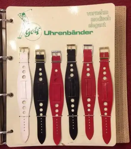 Mustermappe der Firma Golf UHRENARMBÄNDER mit 66 Armbändern, 1950er Jahre