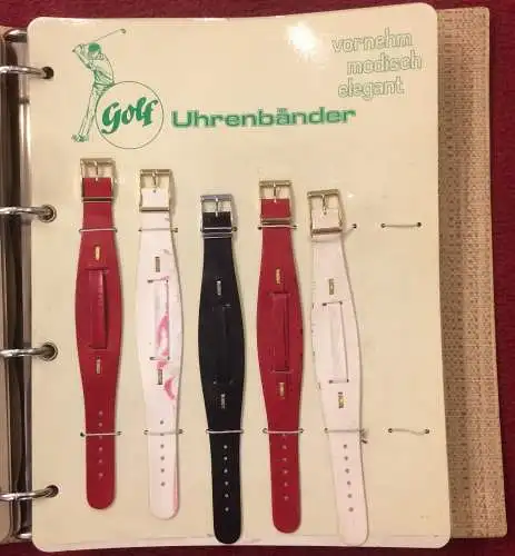 Mustermappe der Firma Golf UHRENARMBÄNDER mit 66 Armbändern, 1950er Jahre