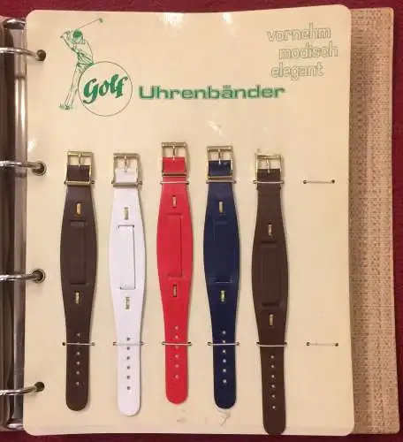Mustermappe der Firma Golf UHRENARMBÄNDER mit 66 Armbändern, 1950er Jahre