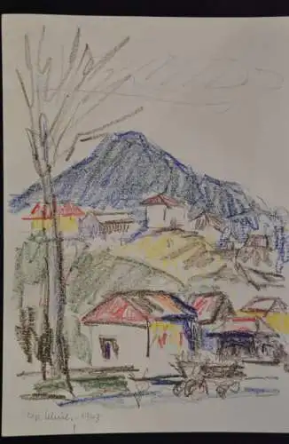 Buntstiftzeichnung, Ulrich, Bauerndorf vor Alpen, 1963