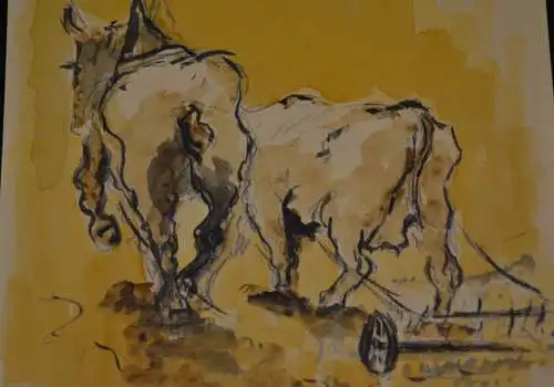 Aquarell Ulrich, Pferd und Kuh beim ackern, 1961