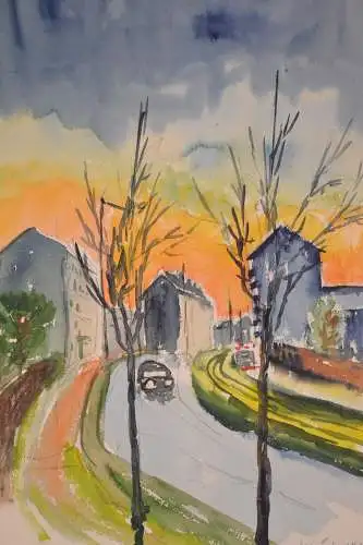 Aquarell Ulrich, Strasse in München mit Auto, 1964