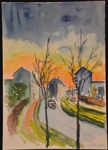 Aquarell Ulrich, Strasse in München mit Auto, 1964