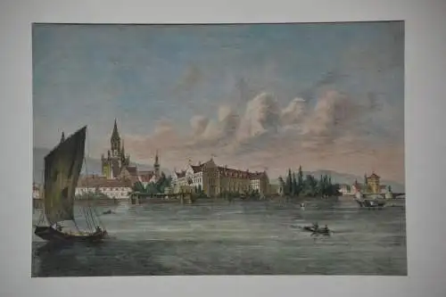 Holzschnitt, koloriert, Inselhotel Konstanz, F. Faller, etwa 1870