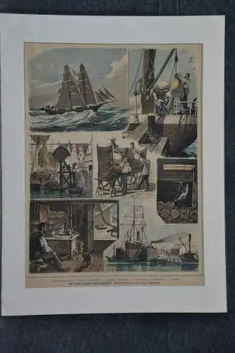 Holzschnitt, koloriert, Deutsches Kauffahrtschiff, Zeichnung Saltzmann,etwa 1860