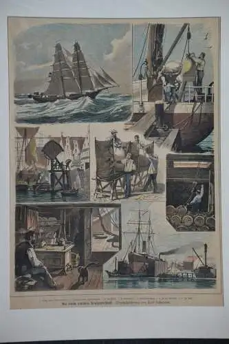 Holzschnitt, koloriert, Deutsches Kauffahrtschiff, Zeichnung Saltzmann,etwa 1860