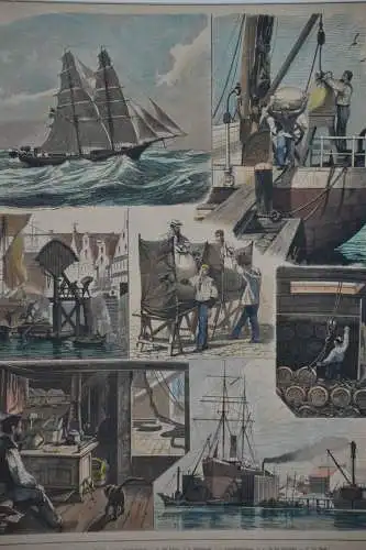 Holzschnitt, koloriert, Deutsches Kauffahrtschiff, Zeichnung Saltzmann,etwa 1860