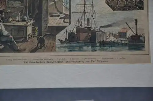 Holzschnitt, koloriert, Deutsches Kauffahrtschiff, Zeichnung Saltzmann,etwa 1860