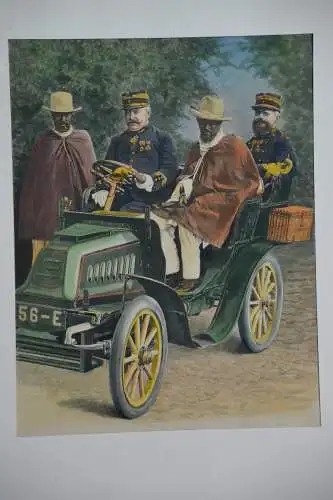Holzschnitt, koloriert, französische Offiziere in Afrika, Ende 1900