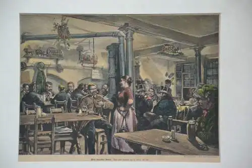 Kupferstich koloriert, Beim bayerischen Donisl, Gemälde v. Piltz, etwa 1900