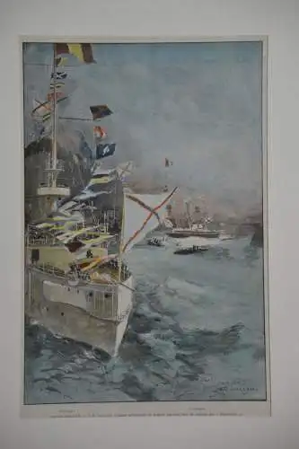 Stahlstich koloriert, Dunkerque, Russische Flotte, 1901