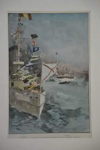 Stahlstich koloriert, Dunkerque, Russische Flotte, 1901