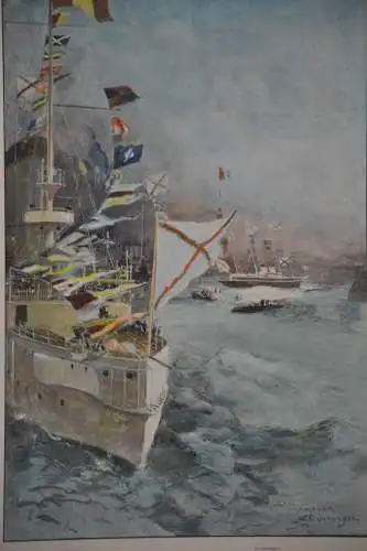 Stahlstich koloriert, Dunkerque, Russische Flotte, 1901