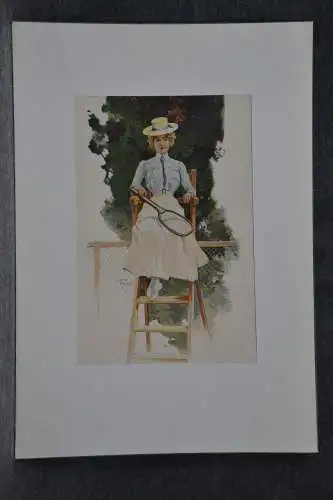 Stahlstich, koloriert, Tennis, Ewald Thiel, etwa 1900