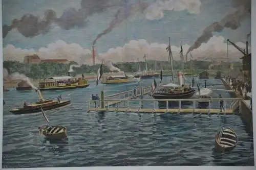 Holzschnitt koloriert, Vue de la Seine, Exposition maritime, etwa 1870