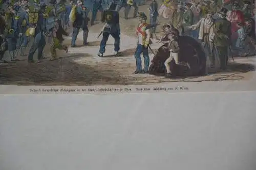 Kupferstich koloriert, Franz. Gefangene in Josefskaserne in Wien, etwa 1900