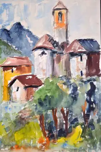 Aquarell,Ulrich,Aquarell,   Dorfansicht mit Kirche