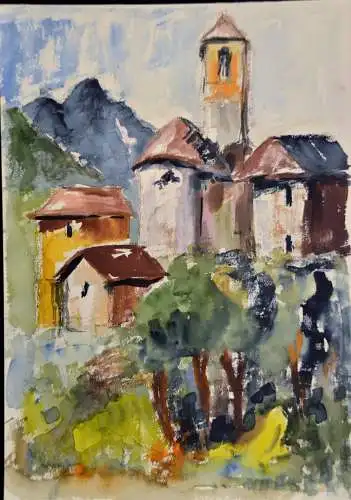 Aquarell,Ulrich,Aquarell,   Dorfansicht mit Kirche