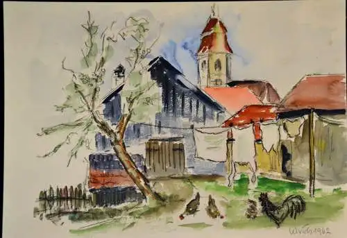 Aquarell,Ulrich,1962 Aquarell,   Dorfansicht mit Kirche und  Geflügel