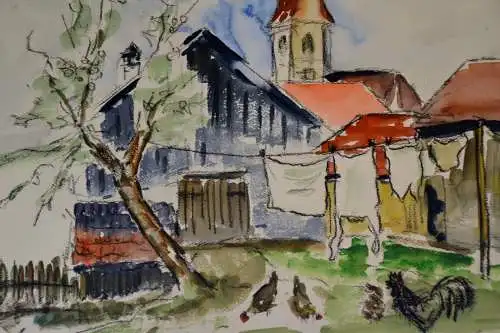 Aquarell,Ulrich,1962 Aquarell,   Dorfansicht mit Kirche und  Geflügel