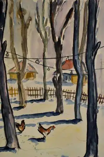 Aquarell,Ulrich,1957 Aquarell, München , 1960 , Hühner im Garten