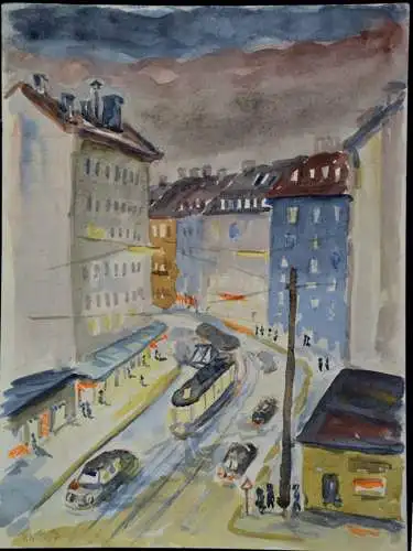 Aquarell,Ulrich,1957 Aquarell, München , Innenstadt mit Strassenbahn