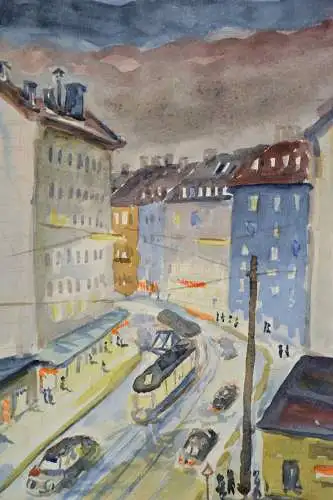 Aquarell,Ulrich,1957 Aquarell, München , Innenstadt mit Strassenbahn