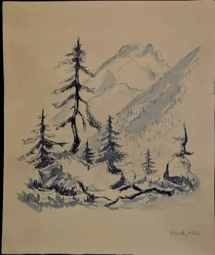 Aquarell,Ulrich,1962 München , Tintenzeichnung, Tannen im Gebirge