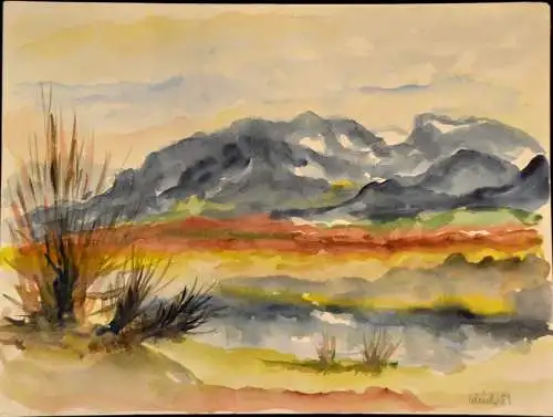 Aquarell,Ulrich,1959, Alpen mit Weiher im Vordergrund, München