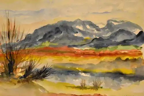 Aquarell,Ulrich,1959, Alpen mit Weiher im Vordergrund, München