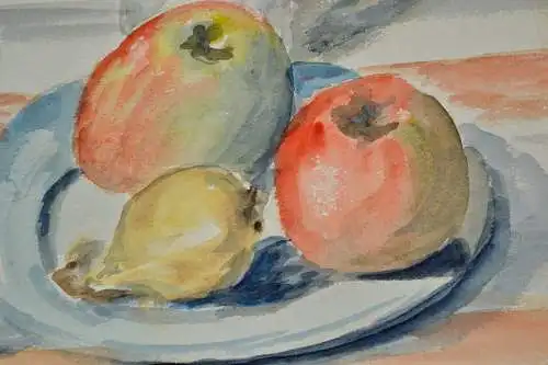 Aquarell,Ulrich,1961, Stilleben, drei Äpfel auf einem Teller, München