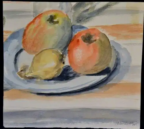Aquarell,Ulrich,1961, Stilleben, drei Äpfel auf einem Teller, München
