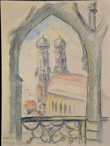 Aquarell,Ulrich,1957, München Sicht auf den Dom