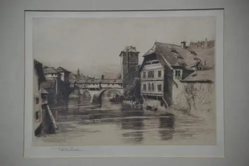 Radierung, Wasserturm zu Nürnberg, unleserlich signiert