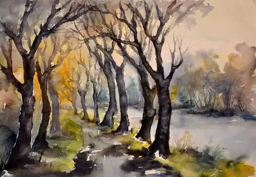 Aquarell, Herbststimmung,Flußlauf mit Weg,sign. E.Lohse 1981