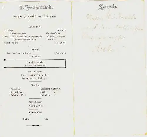 Dampfer Neckar,1911,Norddeutscher LLoyd Bremen,Speisekarte ,