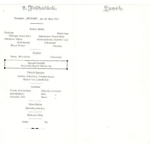 Dampfer Neckar,1911,Norddeutscher LLoyd Bremen,Speisekarte ,II.Frühstück