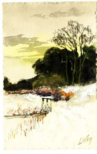 Aquarell,sign. L.Wog,Landschaft mit Weg und Bach, Postkarte,wohl um 1900