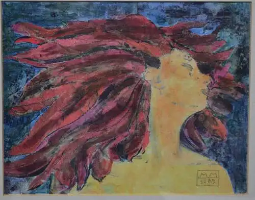 Lithografie, Frauenkopf mit roten Haaren, sign. MM, 1989