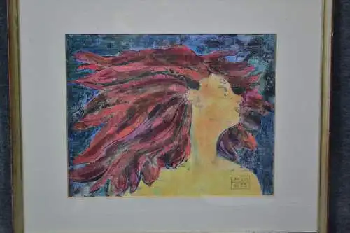 Lithografie, Frauenkopf mit roten Haaren, sign. MM, 1989