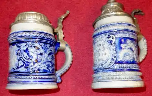 Zwei Bierkrüge,Steingut,blau-grau,Salzglasur,Zinndeckel,1900,reich ornamentiert